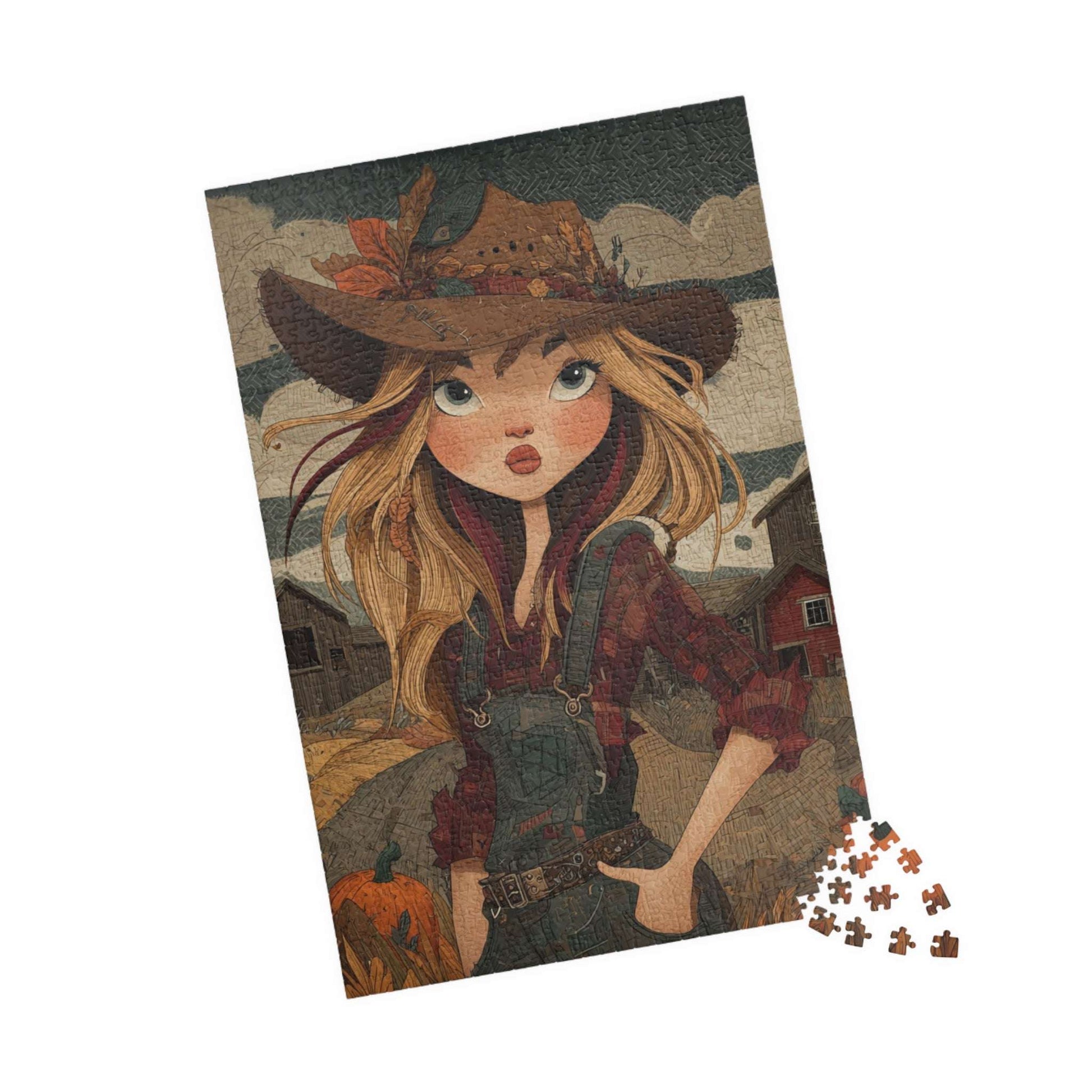 1990s Autumn Cowgirl Jigsaw Puzzle - Grunge Patchwork, Retro Cartoon-Style Illustration Farm Scene 1014 pcs (Vertical) Puzzle The Puzzle Chest