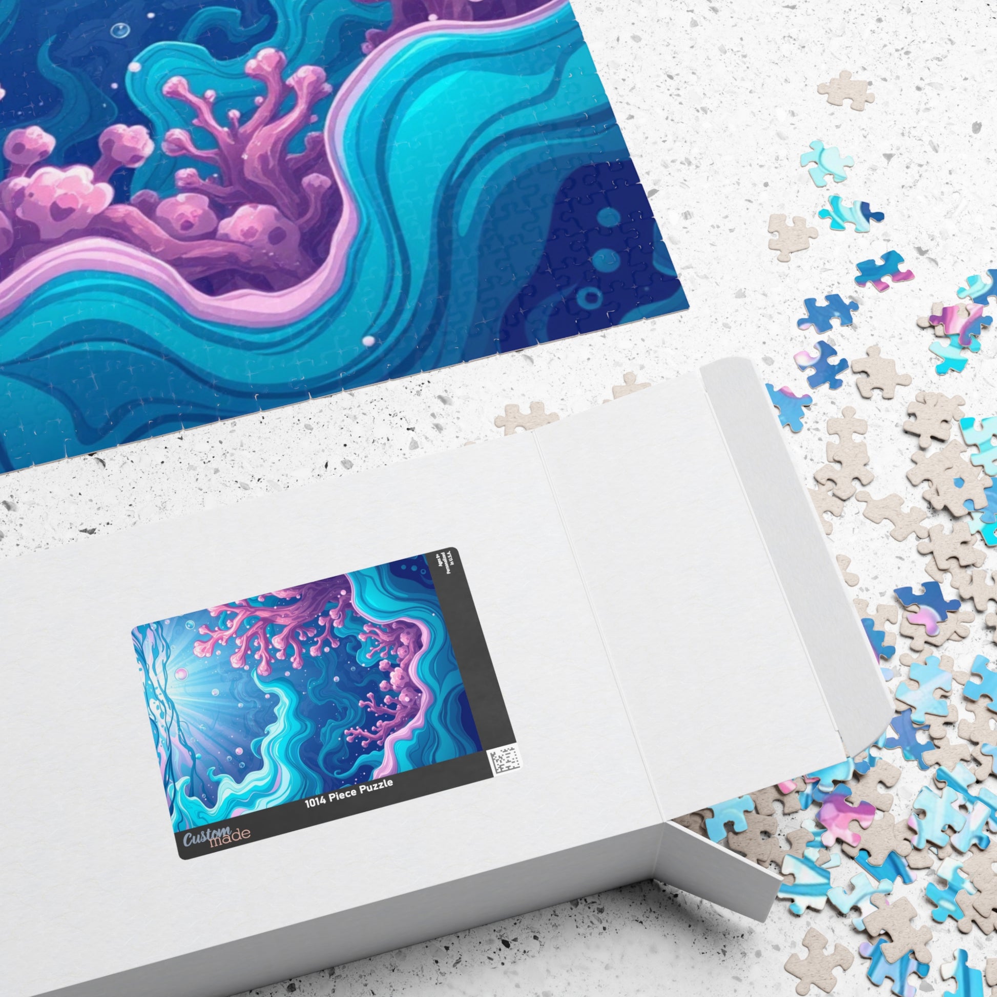 Abstract Underwater Scene Puzzle - Teal Aqua Pink Waves Coral Bubbles Light Beams Jigsaw Game Puzzle The Puzzle Chest