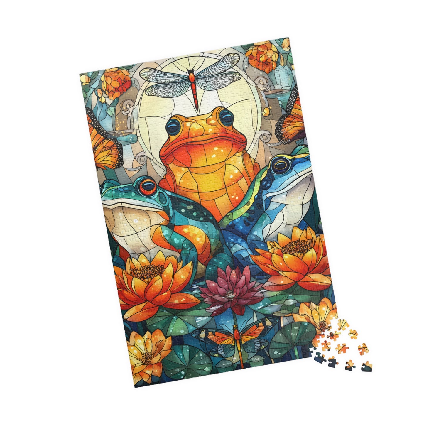 Colorful Frog and Lotus Illustration Puzzle | 110/252/520/1014 Piece Animal Jigsaw 1014 pcs (Vertical) Puzzle The Puzzle Chest