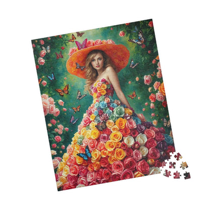 Lady of the Rainbow Rose Garden - Vibrant Floral Butterfly Fantasy Jigsaw Puzzle