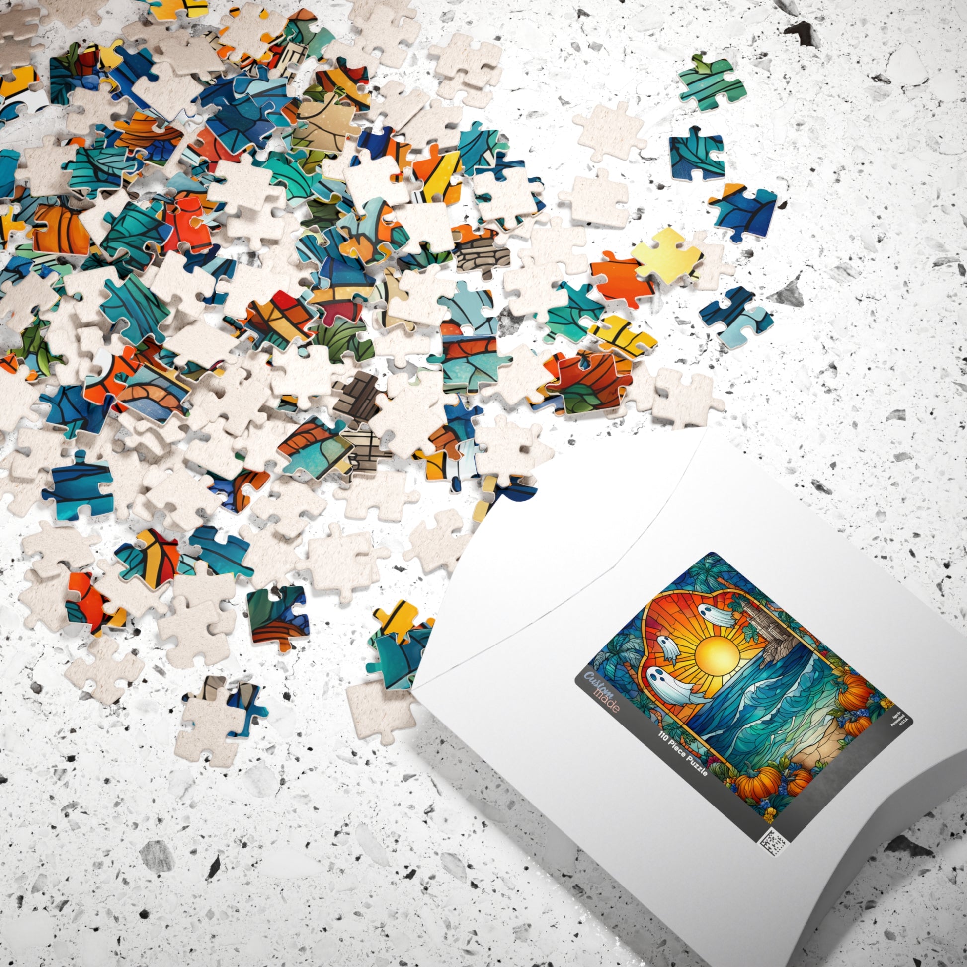 Stained Glass Style Sunset with Ghosts Puzzle | Ocean Waves, Pumpkins, Castle 110/252/520/1014-piece Puzzle The Puzzle Chest