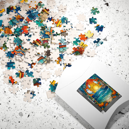 Stained Glass Style Sunset with Ghosts Puzzle | Ocean Waves, Pumpkins, Castle 110/252/520/1014-piece Puzzle The Puzzle Chest