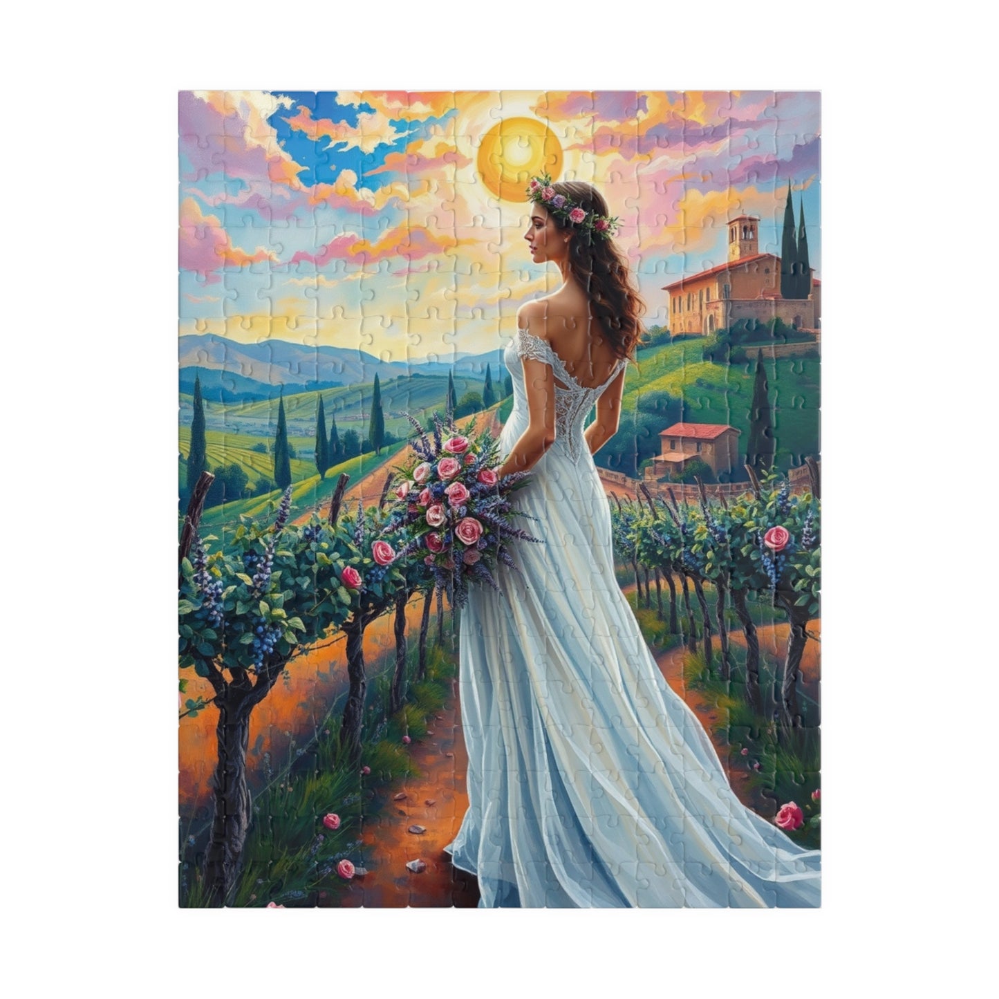 Whimsical Italian Bride Jigsaw Puzzle, White Gown Floral Crown Rose Bouquet, Tuscan Vineyard Romantic Wedding, Modern Art Lover Unique Gift 252 pcs (Vertical) Puzzle The Puzzle Chest