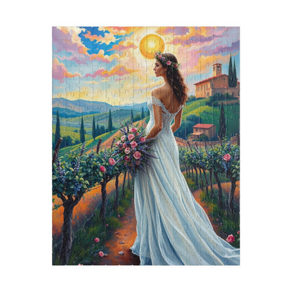Whimsical Italian Bride Jigsaw Puzzle, White Gown Floral Crown Rose Bouquet, Tuscan Vineyard Romantic Wedding, Modern Art Lover Unique Gift 252 pcs (Vertical) Puzzle The Puzzle Chest
