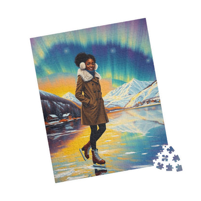Aurora Borealis Puzzle - Black Woman Portrait, Cozy Afrocentric Winter Vibes, Ice Skating Scene, Family Fun, Gift for Puzzle Lover, Holidays