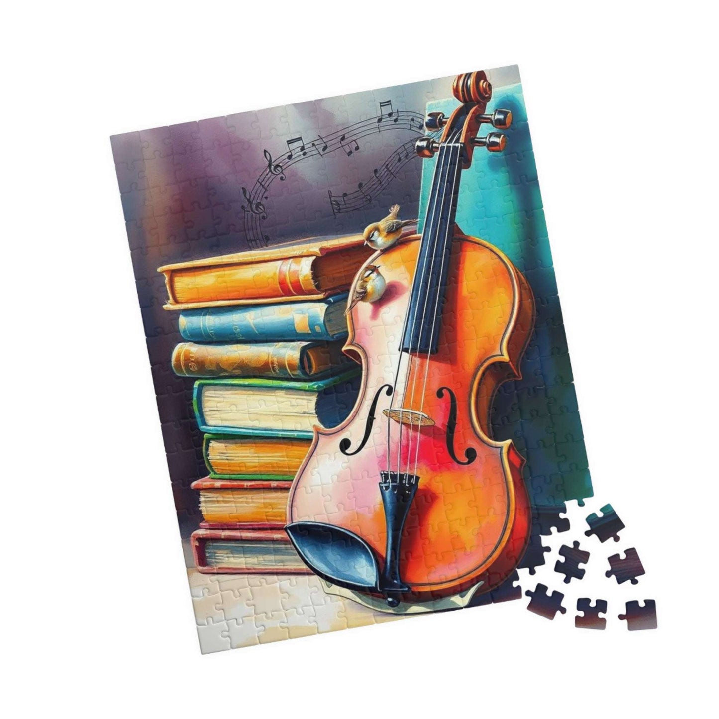 Vintage Violin and Books Jigsaw Puzzle - Musical Notes Swirl Design, Gift for Music Lover, Teacher, or Classical Fans, Entertainment Game