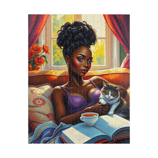 Cozy Day Jigsaw Puzzle, Black Woman and Cat, Black Woman Art, Home Entertainment, African American Gift for Cat Lovers, Mindfulness Activity
