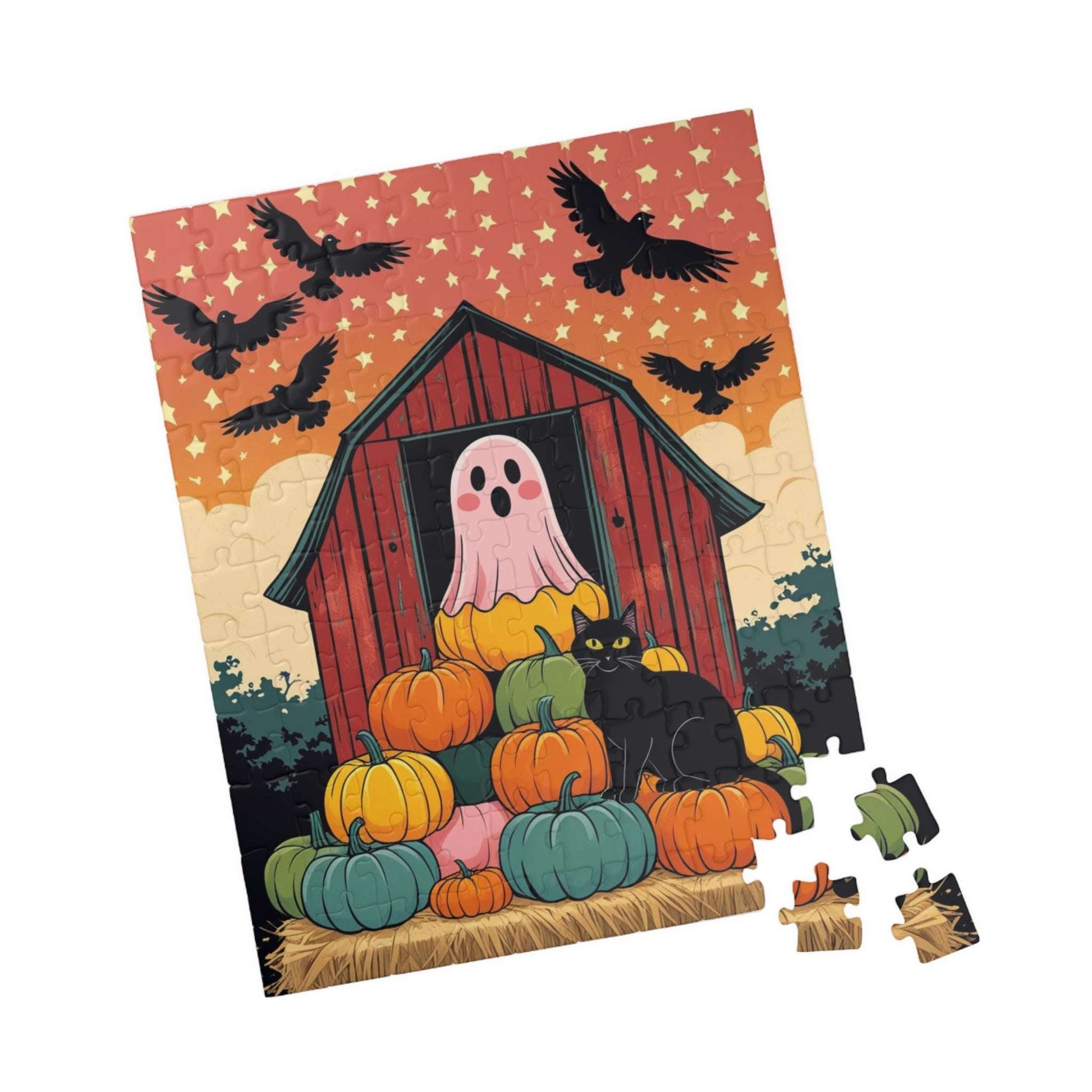Haunted Barn Halloween Jigsaw Puzzle - Ghost, Cat and Pumpkin Barnyard Scene