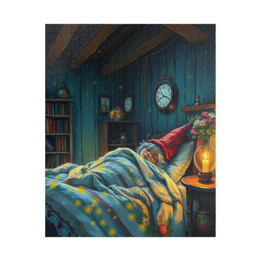 Rustic Gnome Sleeping Jigsaw Puzzle – Cottagecore Vintage Cozy Dwarf Bedroom Puzzle The Puzzle Chest