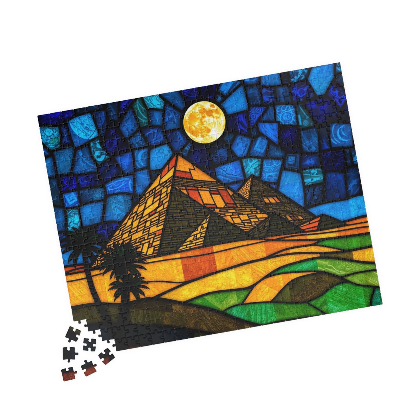 Stained Glass Pyramids of Giza Jigsaw Puzzle, Mosaic Style Starry Night, 110 252 520 1014-Piece, Egyptian Travel Hobby, Puzzle Lover Gift Puzzle The Puzzle Chest