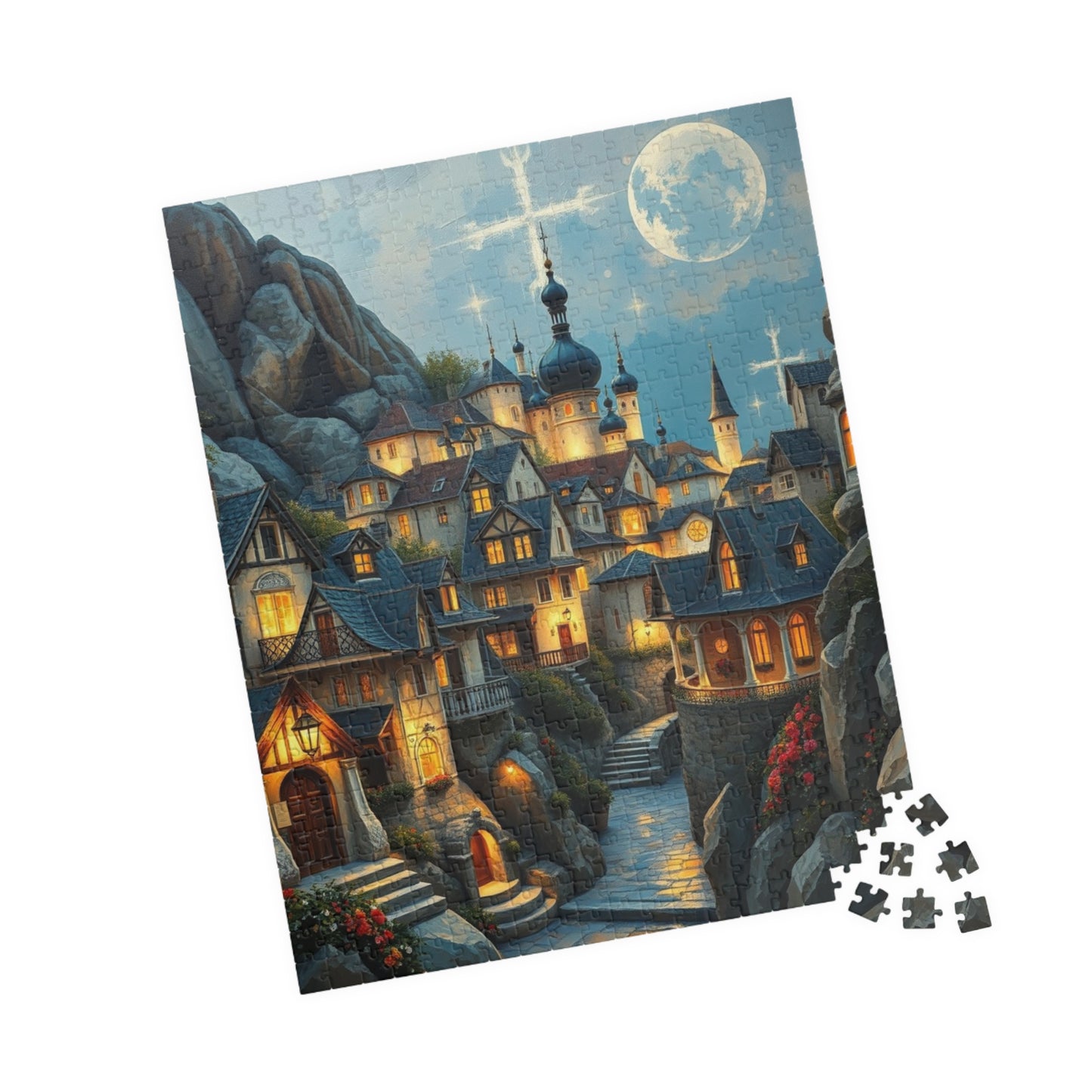 Mountain Village Puzzle, Elegant Moonlite Town Adult Jigsaw Game, Relaxing Indoor Hobby, Solo Activity, Family Fun, Holiday Birthday Gift The Puzzle Chest