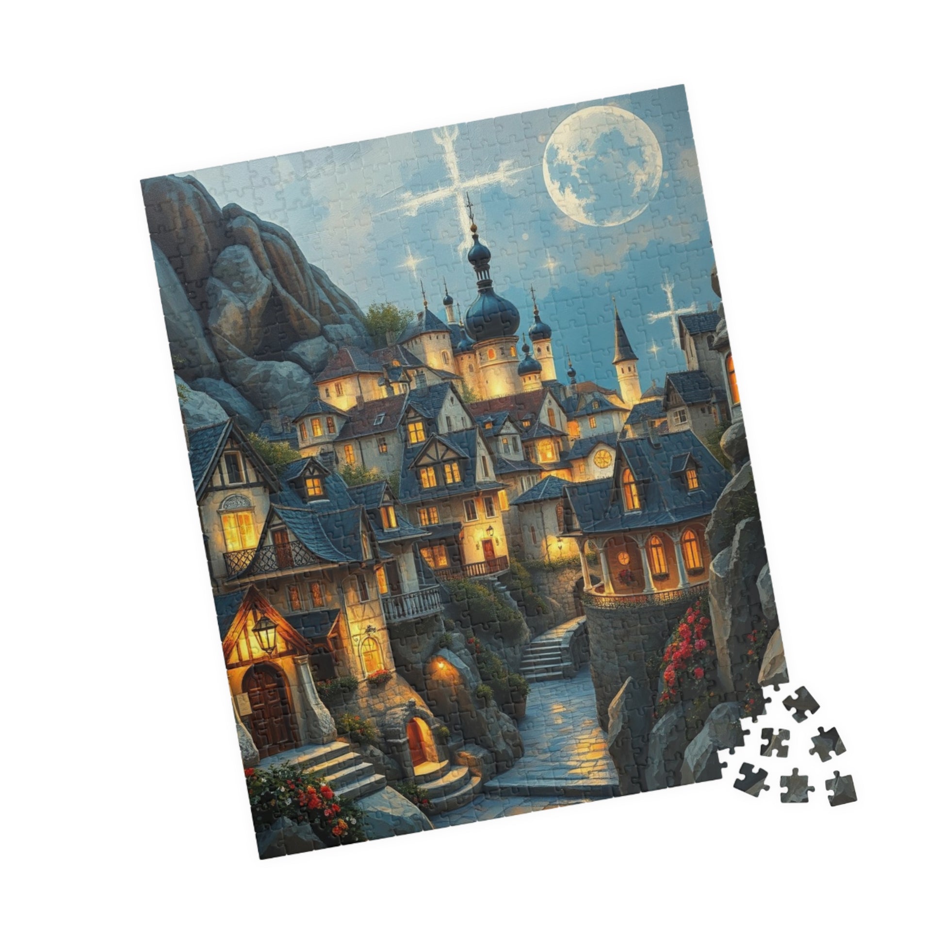 Mountain Village Puzzle, Elegant Moonlite Town Adult Jigsaw Game, Relaxing Indoor Hobby, Solo Activity, Family Fun, Holiday Birthday Gift The Puzzle Chest