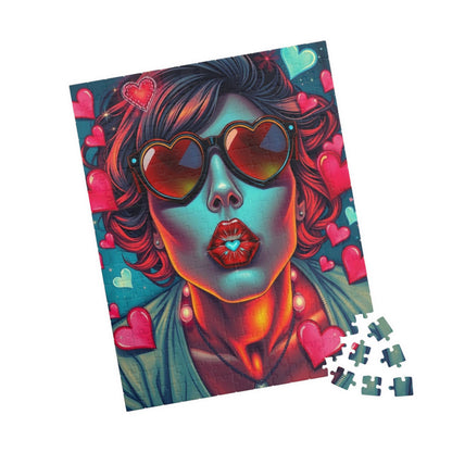 Hearts and Kisses Jigsaw Puzzle, Woman Blowing a Kiss, Comic Pop Art Nostalgic Game for Fun Gathering, Gift for Puzzle Lover, Family Night