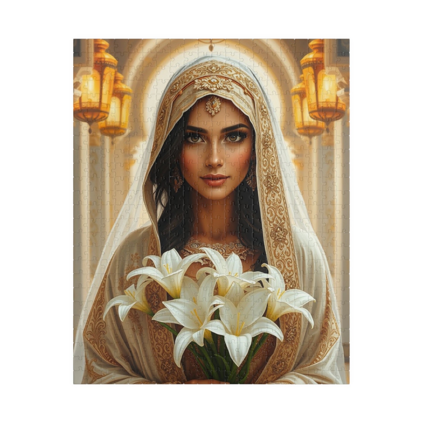 Middle Eastern Bride Puzzle with Gold Ivory Kaftan and Lanterns, Family Friendly Wedding Jigsaw Game, Mindful Activity, Puzzle Lover Gift 520 pcs (Vertical) Puzzle The Puzzle Chest