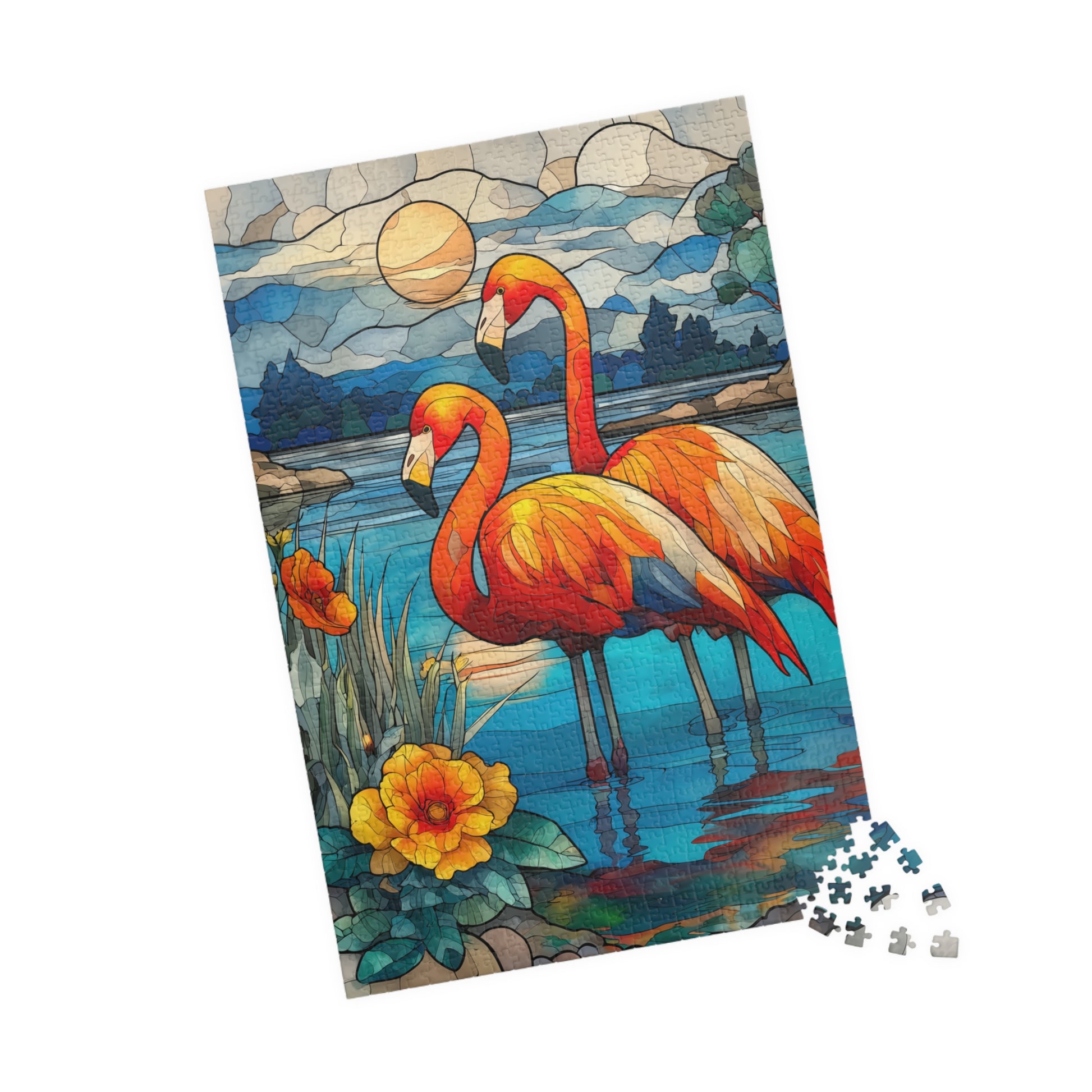 Stained Glass Style Flamingos Puzzle | 110/252/520/1014 Piece Bird Lover Jigsaw 1014 pcs (Vertical) Puzzle The Puzzle Chest