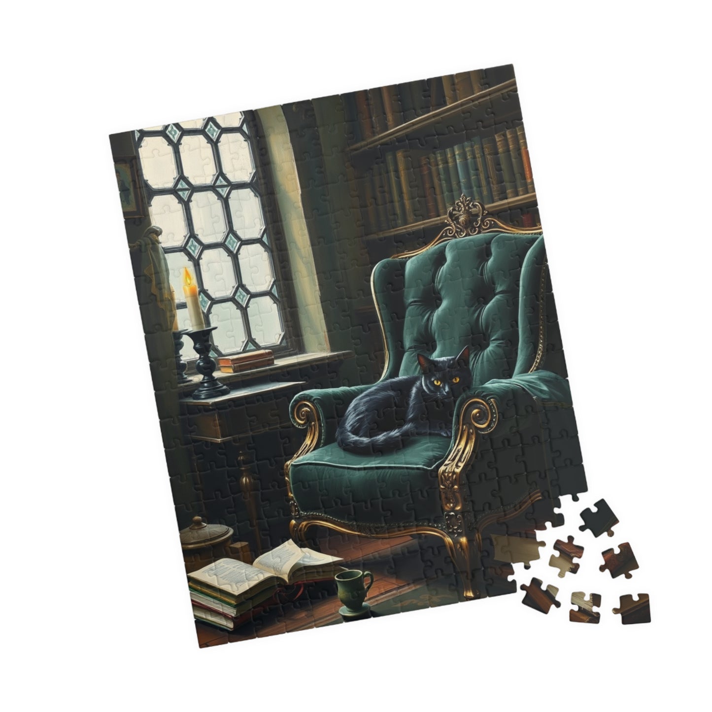 Cozy Gothic Cat Library Puzzle, 110/252/520/1014-Piece Solo Game, Gift Idea for Dark Fantasy Art Enthusiast and Cat Lover, Relaxing Activity Puzzle The Puzzle Chest