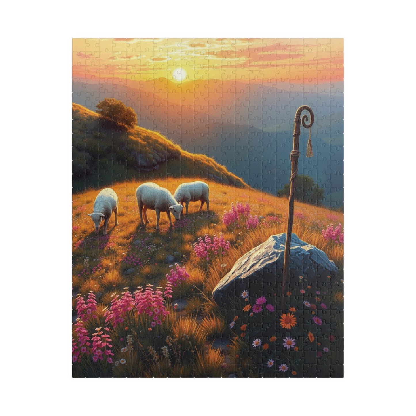 Peaceful Pastoral Sunset Puzzle, Religious Themed Jigsaw Game, Nature-Inspired Serene Landscape with Sheep Grazing on a Wildflower Hill 520 pcs (Vertical) Puzzle The Puzzle Chest