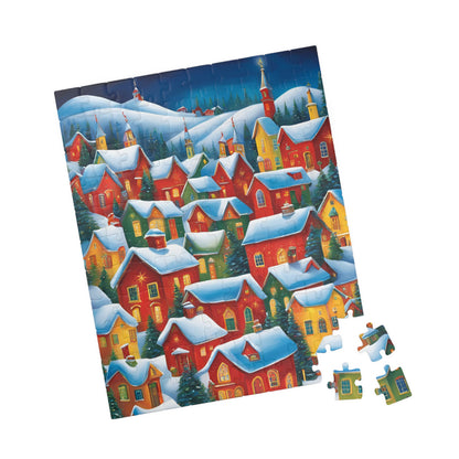 Colorful Winter Village Jigsaw Puzzle, 1000-Piece, Snow Capped Roofs, Red Green Blue Yellow, Charming Houses, Unique Art for Puzzle Lover