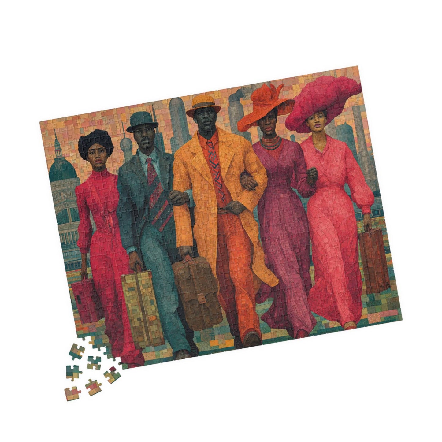 Afrocentric Black Art Puzzle - Migration, Family Strength & City Landscape Scene, Vintage Art for Puzzle Lover 520 pcs (Horizontal) Puzzle The Puzzle Chest
