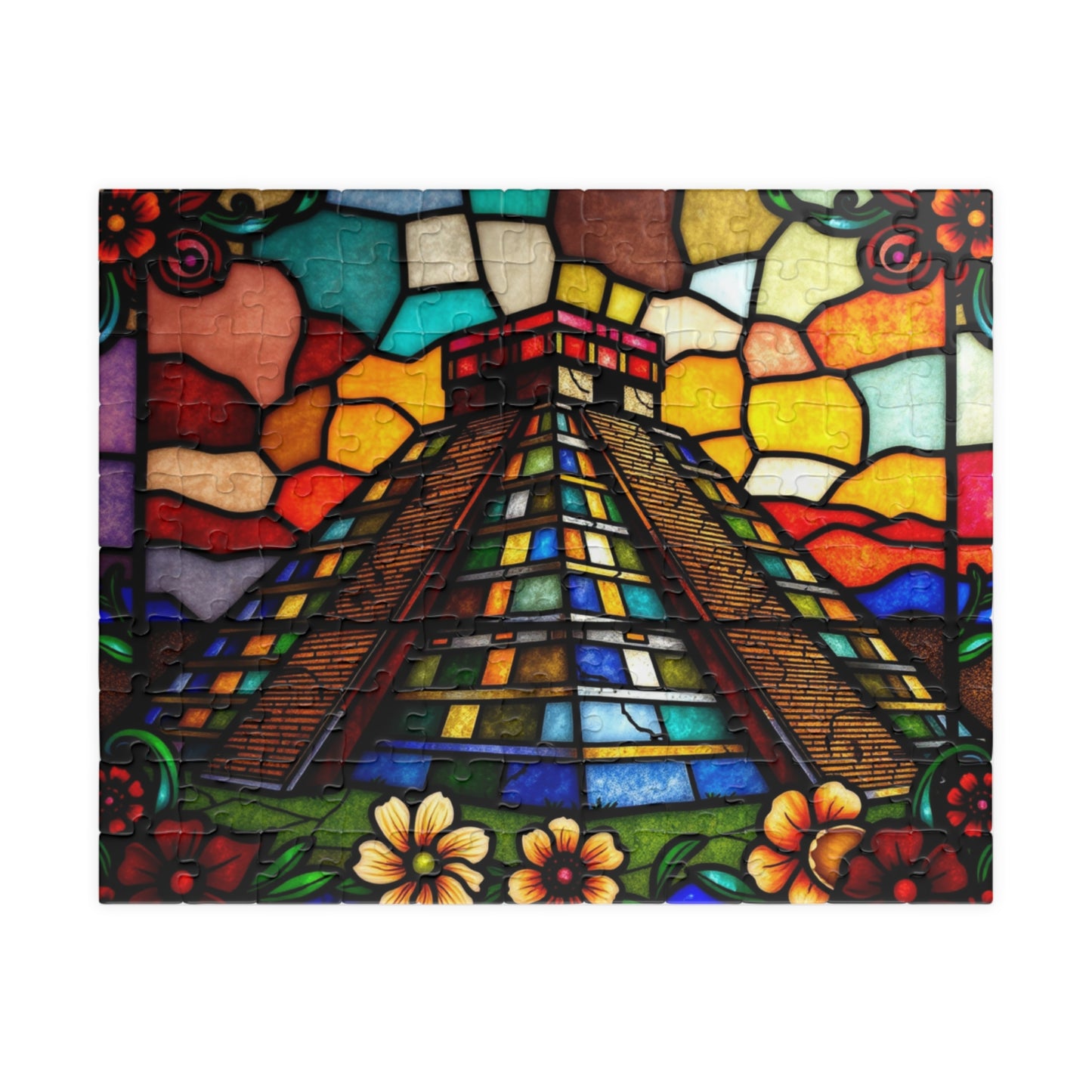 Stained Glass Chichen Itza Pyramid Jigsaw Puzzle, Historic Mayan Famous Landmark, Travel-Inspired Frameable Art Giftable Puzzle 110 pcs (Horizontal) Puzzle The Puzzle Chest