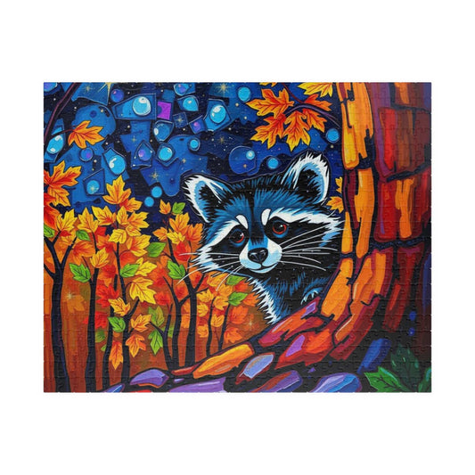 Autumn Nightscape Raccoon Puzzle, Colorful Nature Jigsaw for Solo or Family Fun, Birthday Gift for Animal Lover, Cozy Night In Entertainment