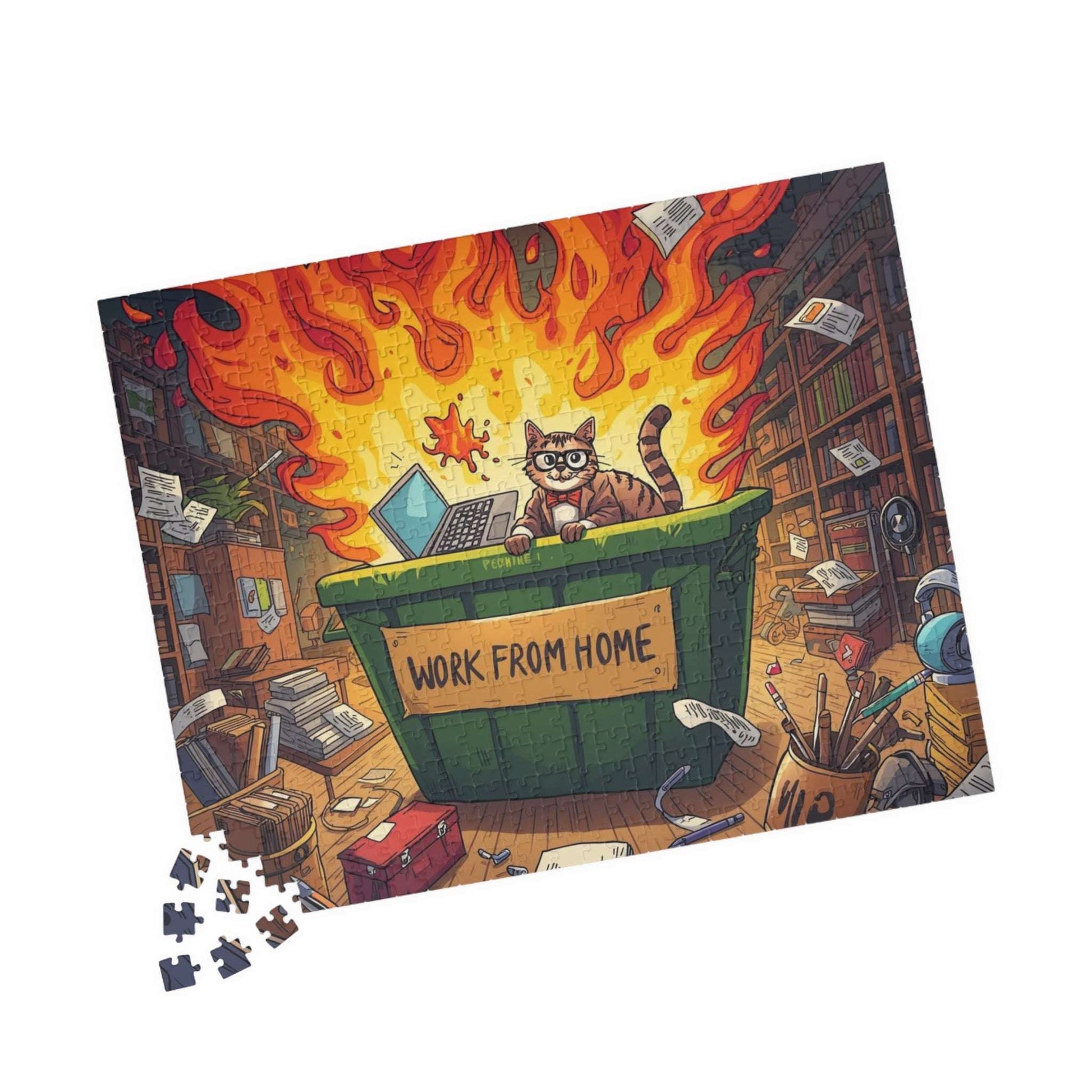 Funny Work From Home Jigsaw Puzzle - Cat Themed Dumpster Fire Meme, Humorous Holiday Birthday Gift for Friends, Family, Co-workers 520 pcs (Horizontal) Puzzle The Puzzle Chest