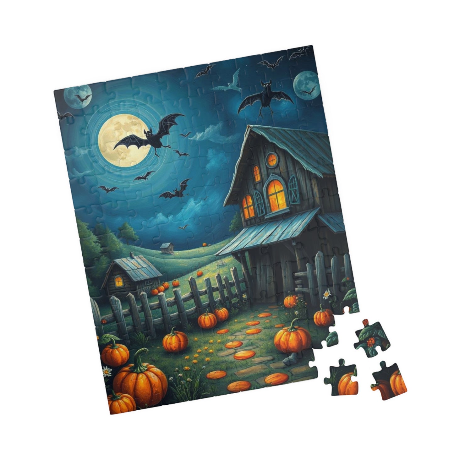 Moonlight Barn Halloween Puzzle, Spooky Night Scene 110 252 520-Piece Jigsaw Perfect Birthday Gift for Puzzle Lover, Fall Decor, Family Fun