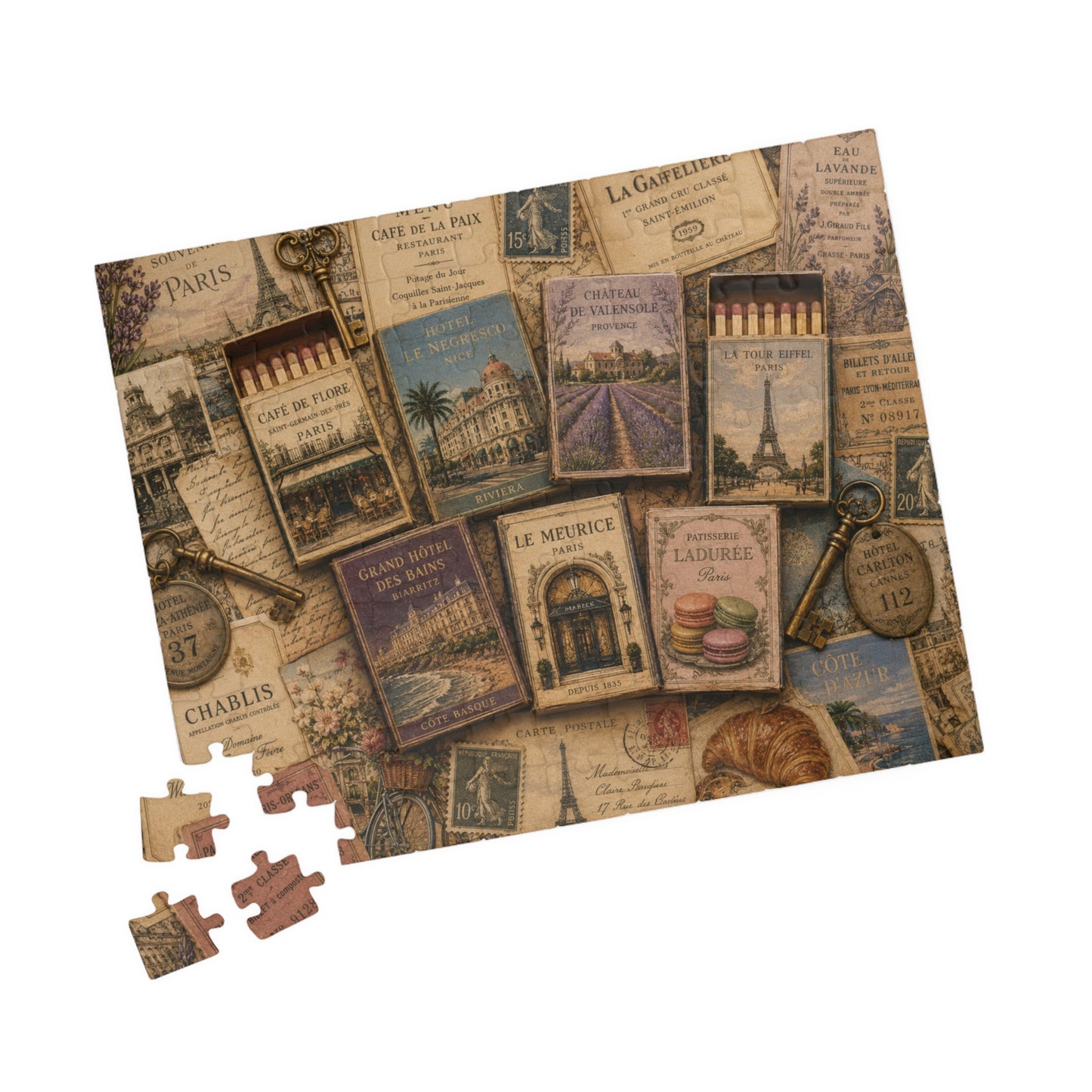Vintage France Matchbook Puzzle | Paris Travel Memorabilia Jigsaw | French Café Collection Challenge | European Nostalgia 110 pcs (Horizontal) Puzzle The Puzzle Chest