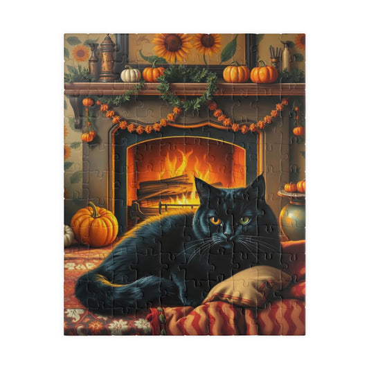 Hearthside Patch Paw Jigsaw Puzzle, Cozy Autumn Adult Folk Art Game with Black Cat and Pumpkins, Gift for Cat Lover, Fall Decor, Family Fun
