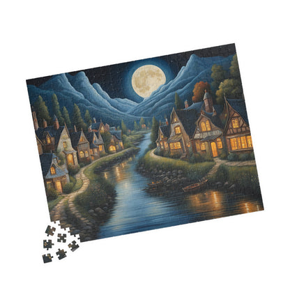Nordic Night Village Puzzle, Serene Moonlit River Landscape, Cozy Scandinavian River Town Jigsaw Game, Mindfulness Gift for Puzzle Lover The Puzzle Chest