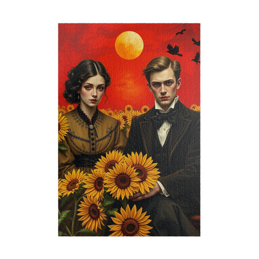 Vintage Sunflower Puzzle - Gothic Couple, Dark Fantasy Art Jigsaw Game, Creative Gift Idea for Friends, Family or Solo Fun, Brain Teaser