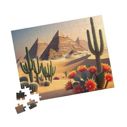 Pyramids of Giza Jigsaw Puzzle, Desert Landscape Cacti Prickly Pears Red Flowers, 110 252 520 1014-piece, Fun Egyptian Travel Hobby, Ancient Puzzle The Puzzle Chest