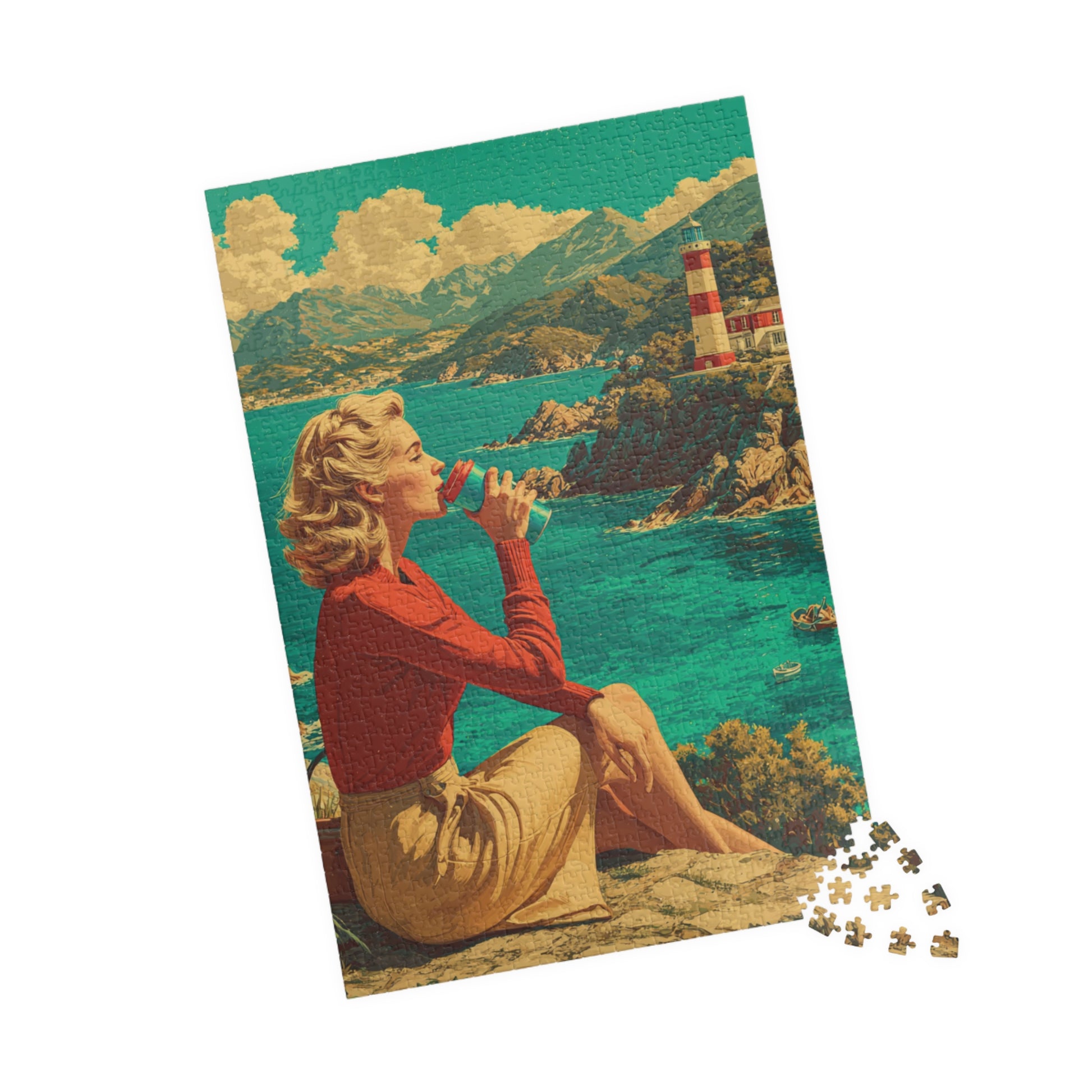 Vintage Coastal Jigsaw Puzzle – 1950s Seaside Travel Poster with Lighthouse Retro Ocean View 1014 pcs (Vertical) Puzzle The Puzzle Chest