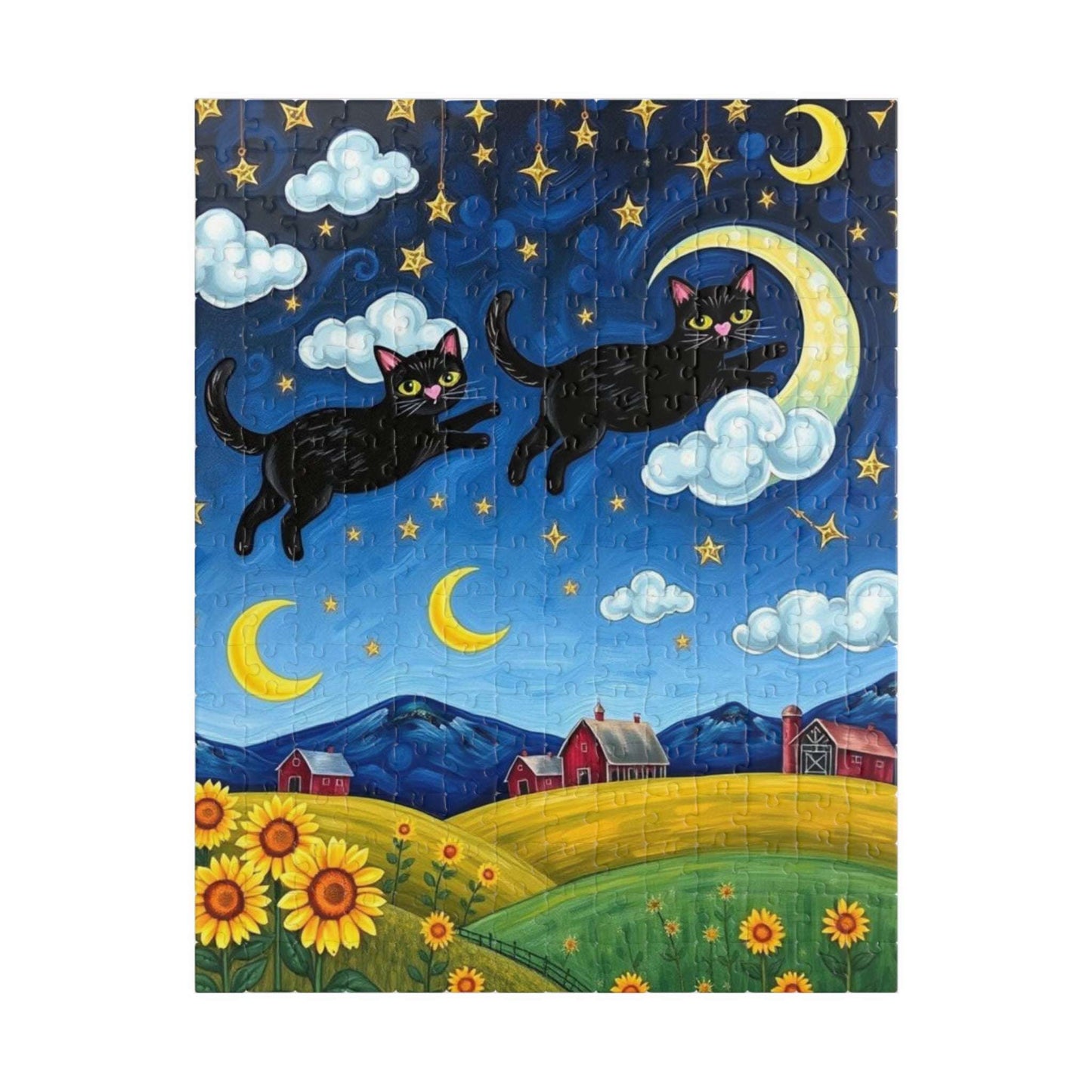 Starry Cat Chase Jigsaw Puzzle - Black Cats and Sunflowers, 110-1014 Piece Whimsical Cat Lover Gift, Brain Teaser Game, Indoor Hobby, Family