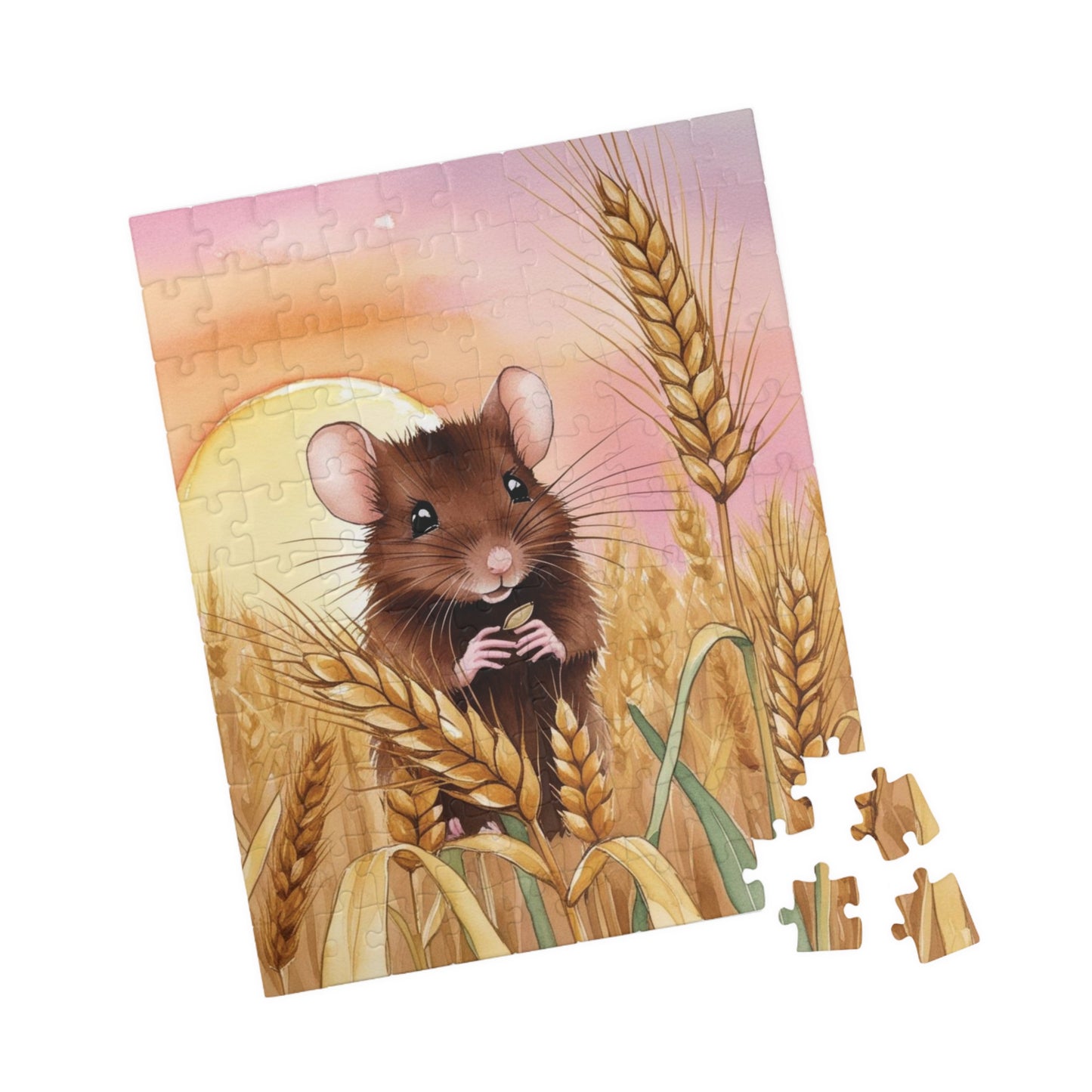 Animal Jigsaw Puzzle Gifted, Cute Mouse in Wheat Field Sunset Art, Animal Lover Brain Teaser Game Family Activity, Relaxing Hobby Enthusiast