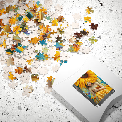 Sunflower Shade Fairy Jigsaw Puzzle, Floral Art Mythical Fantasy Game, Holiday or Birthday Gift for Friend, Decor, Mindfulness Activity