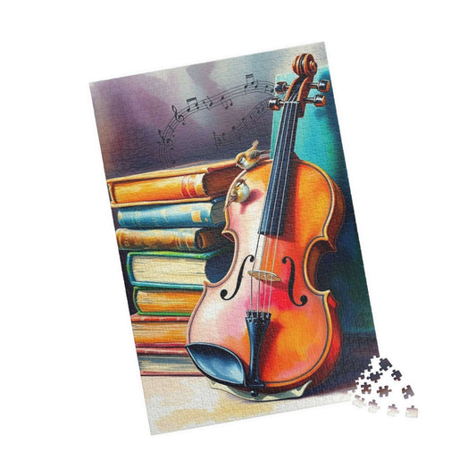 Vintage Violin and Books Jigsaw Puzzle - Musical Notes Swirl Design, Gift for Music Lover, Teacher, or Classical Fans, Entertainment Game