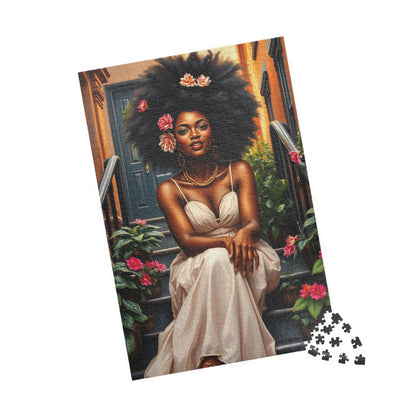 Artistic Jigsaw Puzzle: Beautiful Black Woman with Flowers, Perfect Afrocentric Gift for Puzzle Lovers, Relaxing Activity, Fun Family Game