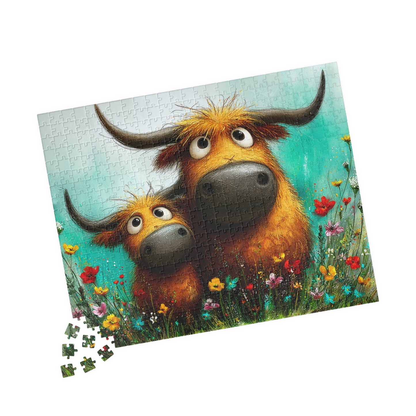 Whimsical Highland Cows Puzzle | 110/252/520 Piece Jigsaw 520 pcs (Horizontal) Puzzle The Puzzle Chest