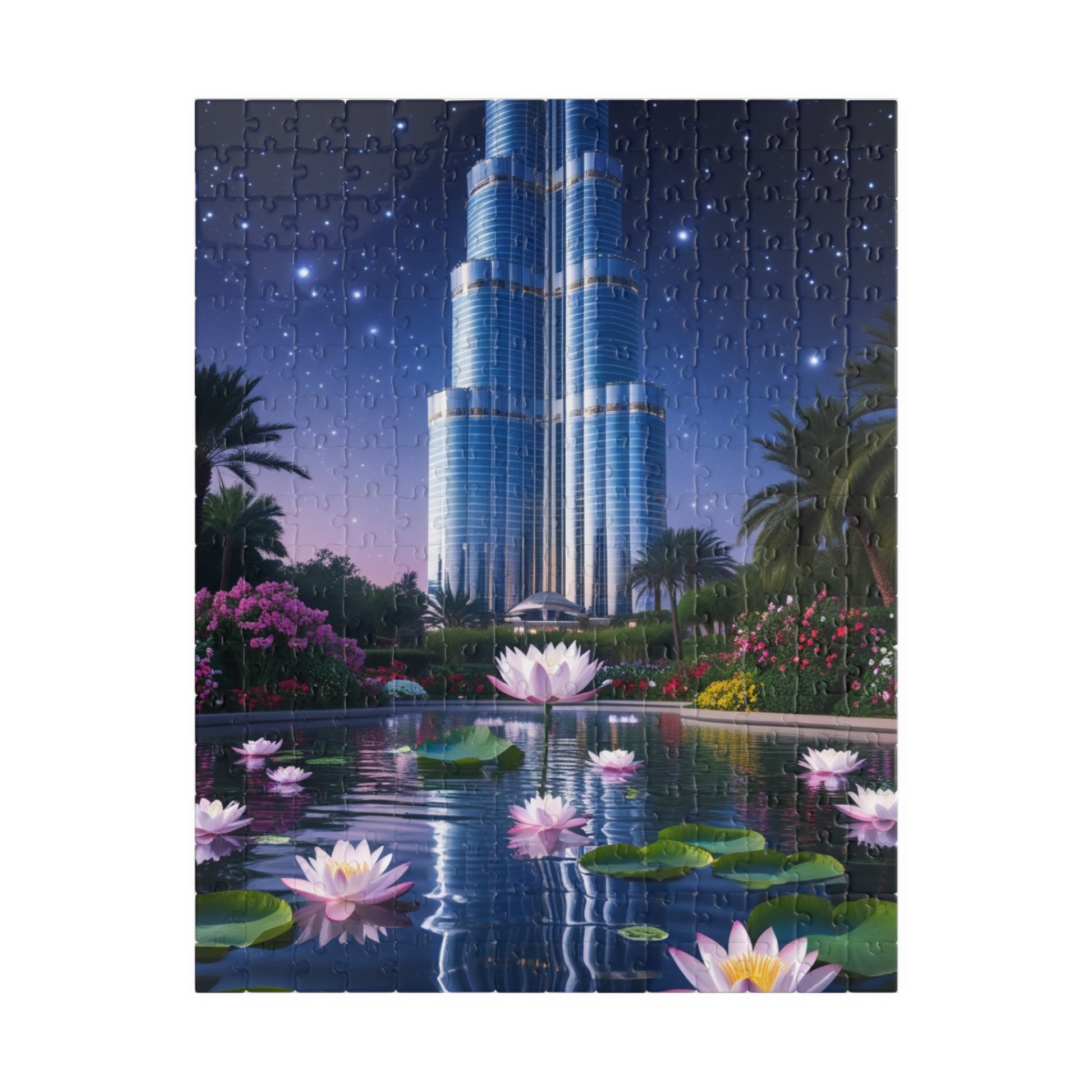 Burj Khalifa Reflections Jigsaw Puzzle, Dubai Skyline Lotus Water Lily Night Garden Landscape, Best Gift for Traveler Art Lover, Hobbyist 252 pcs (Vertical) Puzzle The Puzzle Chest