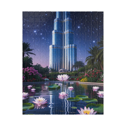 Burj Khalifa Reflections Jigsaw Puzzle, Dubai Skyline Lotus Water Lily Night Garden Landscape, Best Gift for Traveler Art Lover, Hobbyist 252 pcs (Vertical) Puzzle The Puzzle Chest