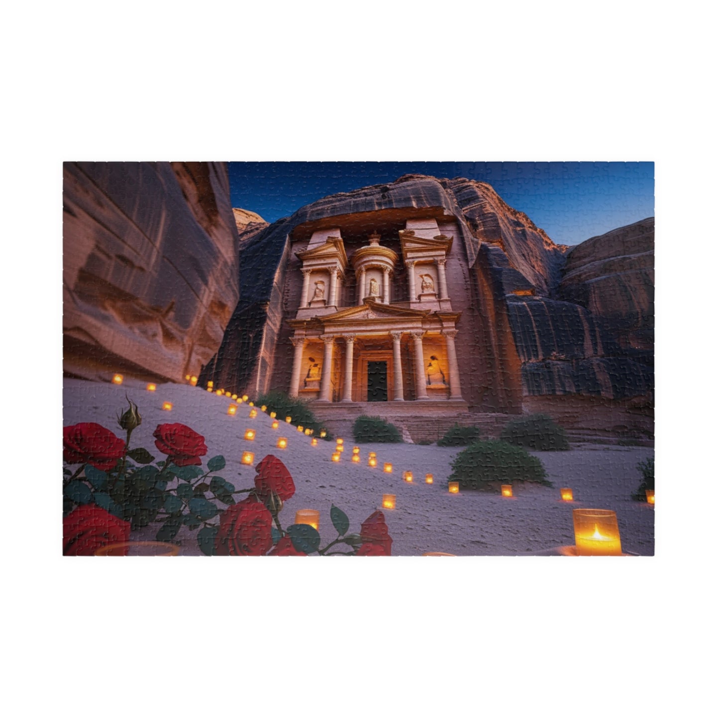 The Treasury at Petras Twilight Jigsaw Puzzle, Famous Ancient Landmark, Candlelit Lanterns Desert Roses, Mindfulness Gift for Puzzle Lover 1014 pcs (Horizontal) Puzzle The Puzzle Chest
