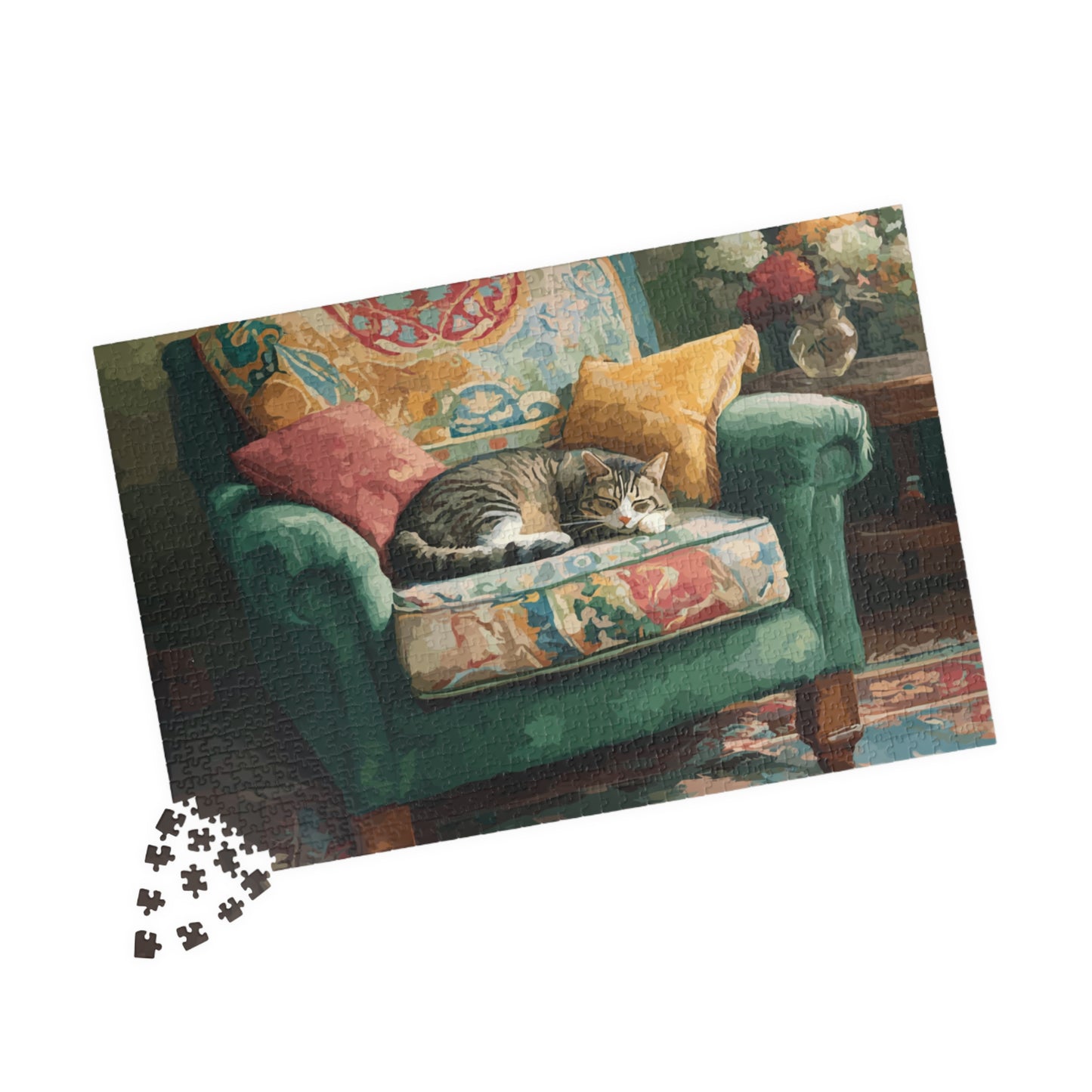 Cat and the Green Armchair – Cozy Interior Jigsaw Puzzle, Animal Theme Fauvist Cat Home Puzzle for Kitten Lover 1014 pcs (Horizontal) Puzzle The Puzzle Chest