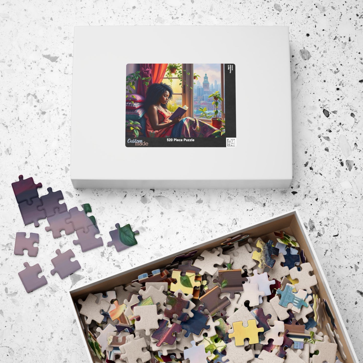 Black Woman Reading by Window Puzzle | Cozy Booklover Jigsaw Puzzle, City View