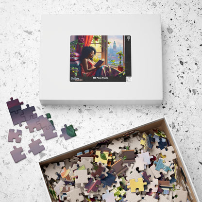 Black Woman Reading by Window Puzzle | Cozy Booklover Jigsaw Puzzle, City View