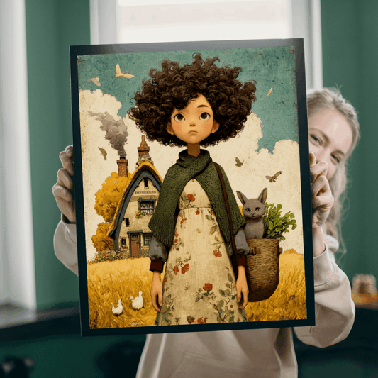 Autumn Cottage Puzzle - Whimsical Storybook Girl with Basket & Kitten, Watercolor Fall Trees Cozy Fairy-Tale Jigsaw Puzzle The Puzzle Chest