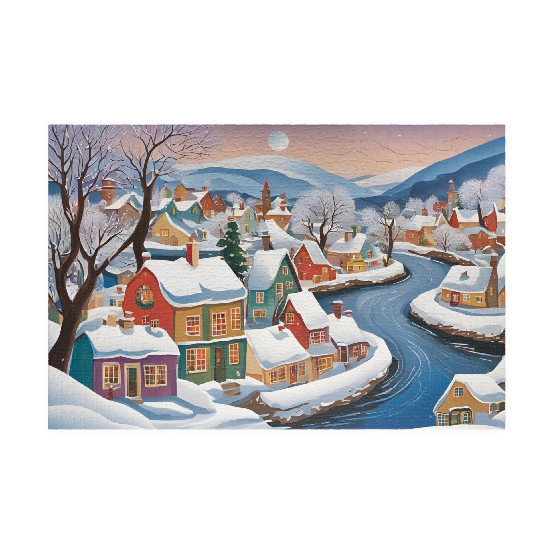 Charming Village Winter Scene Puzzle, Snowy River Landscape Jigsaw Game, 110 252 520 1014-Pieces, Adult Family Fun Activity 1014 pcs (Horizontal) The Puzzle Chest