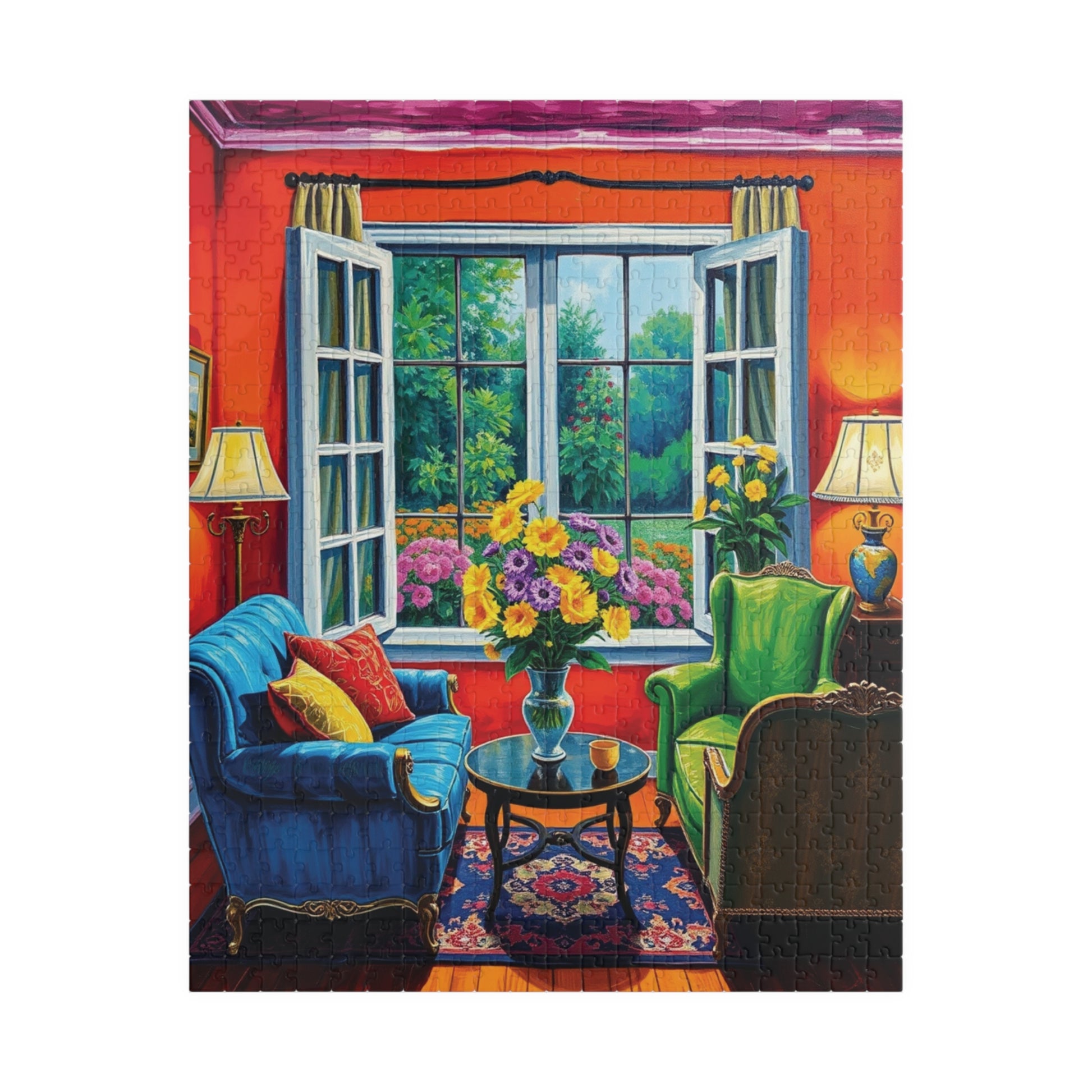 Jigsaw Puzzle, Vibrant Living Room Scene 110 252 520 1014-Piece, Red Orange Blue Green Yellow Purple Floral Wall Art Decor Game Toy, Gift 520 pcs (Vertical) Puzzle The Puzzle Chest