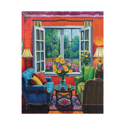 Jigsaw Puzzle, Vibrant Living Room Scene 110 252 520 1014-Piece, Red Orange Blue Green Yellow Purple Floral Wall Art Decor Game Toy, Gift 110 pcs (Vertical) Puzzle The Puzzle Chest