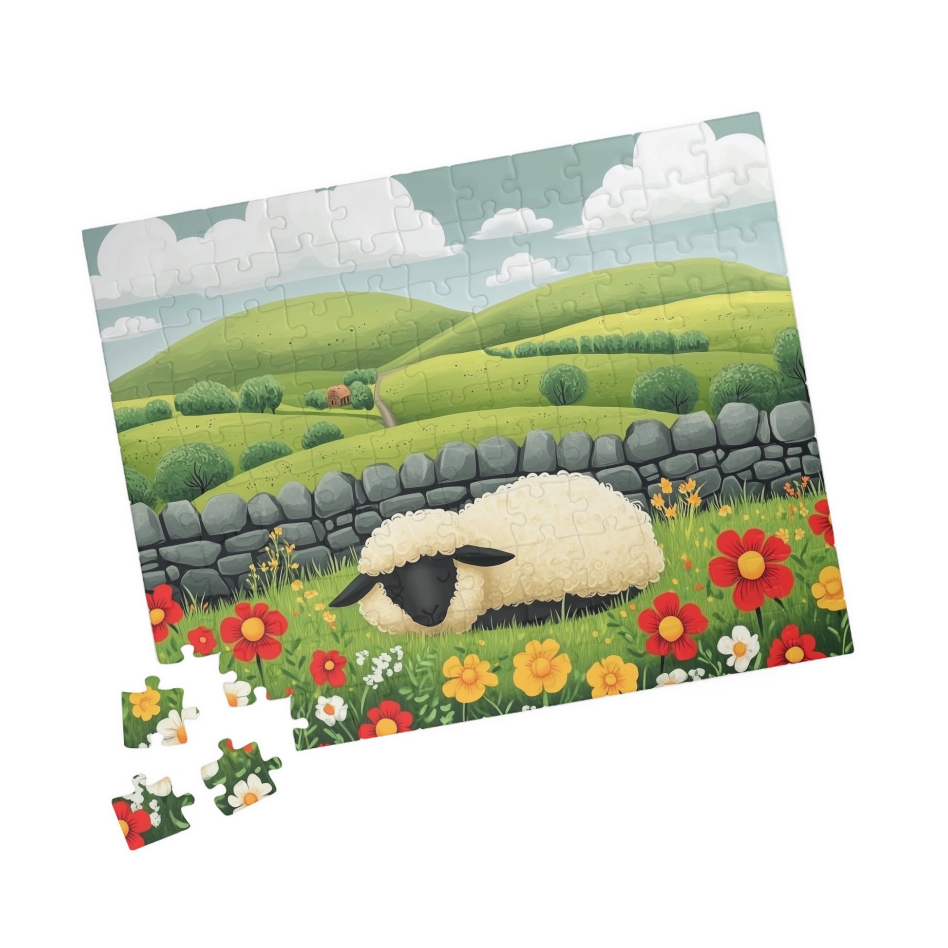 Sheep in Wildflower Meadow Puzzle | 120/252/500-Piece Jigsaw 110 pcs (Horizontal) Puzzle The Puzzle Chest